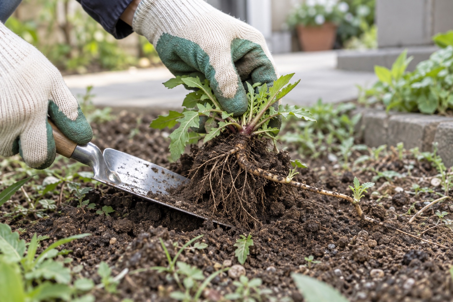 手袋をした人が雑草を掘り起こし、土中に伸びる根と茎を確認しているイメージ