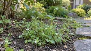庭に生える小さな白い花の雑草