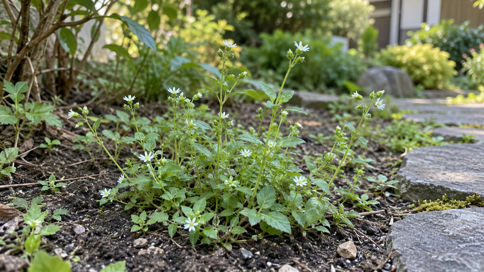 庭に生える小さな白い花の雑草