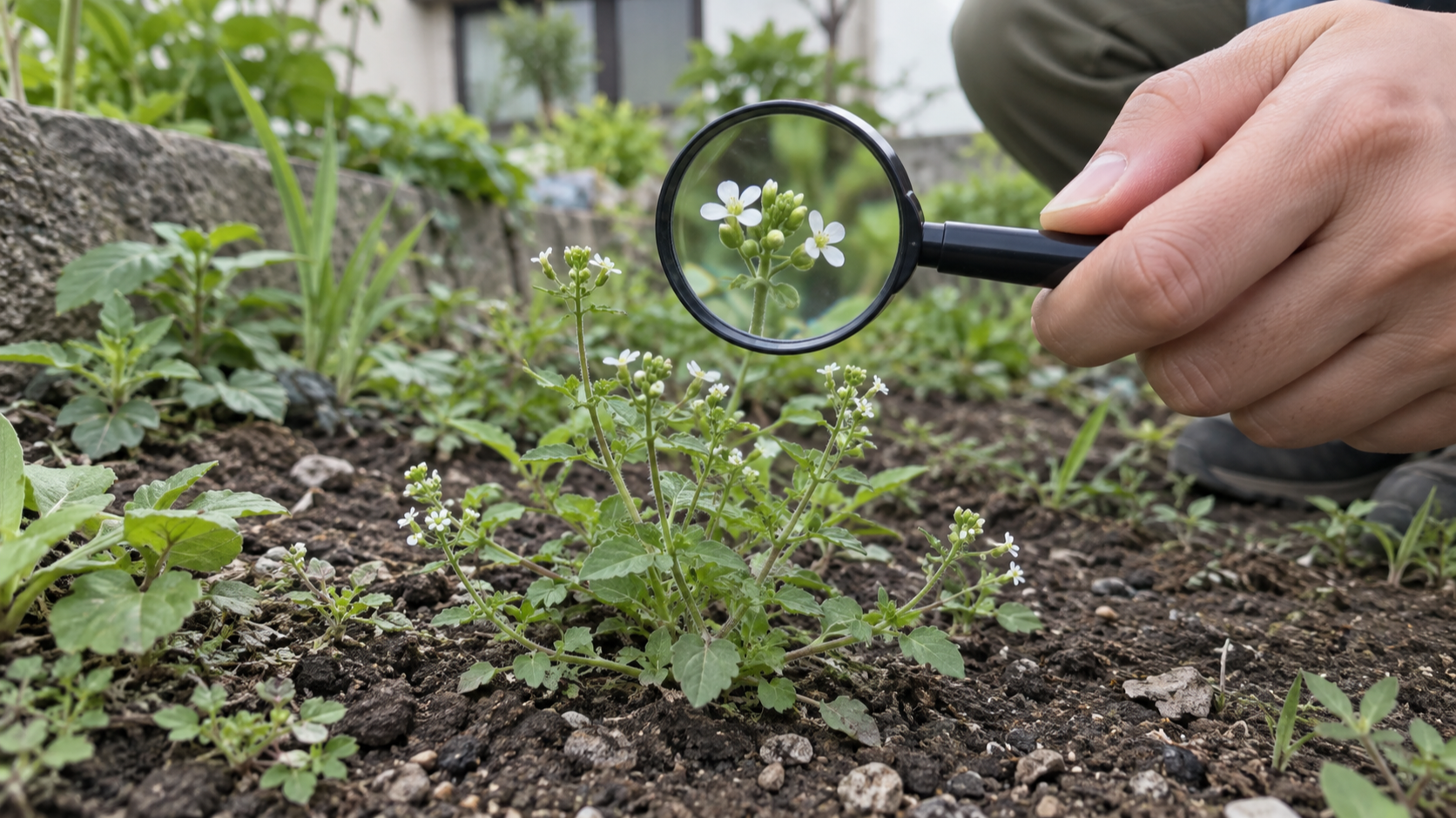 白い花の雑草をルーペで観察して見分ける様子