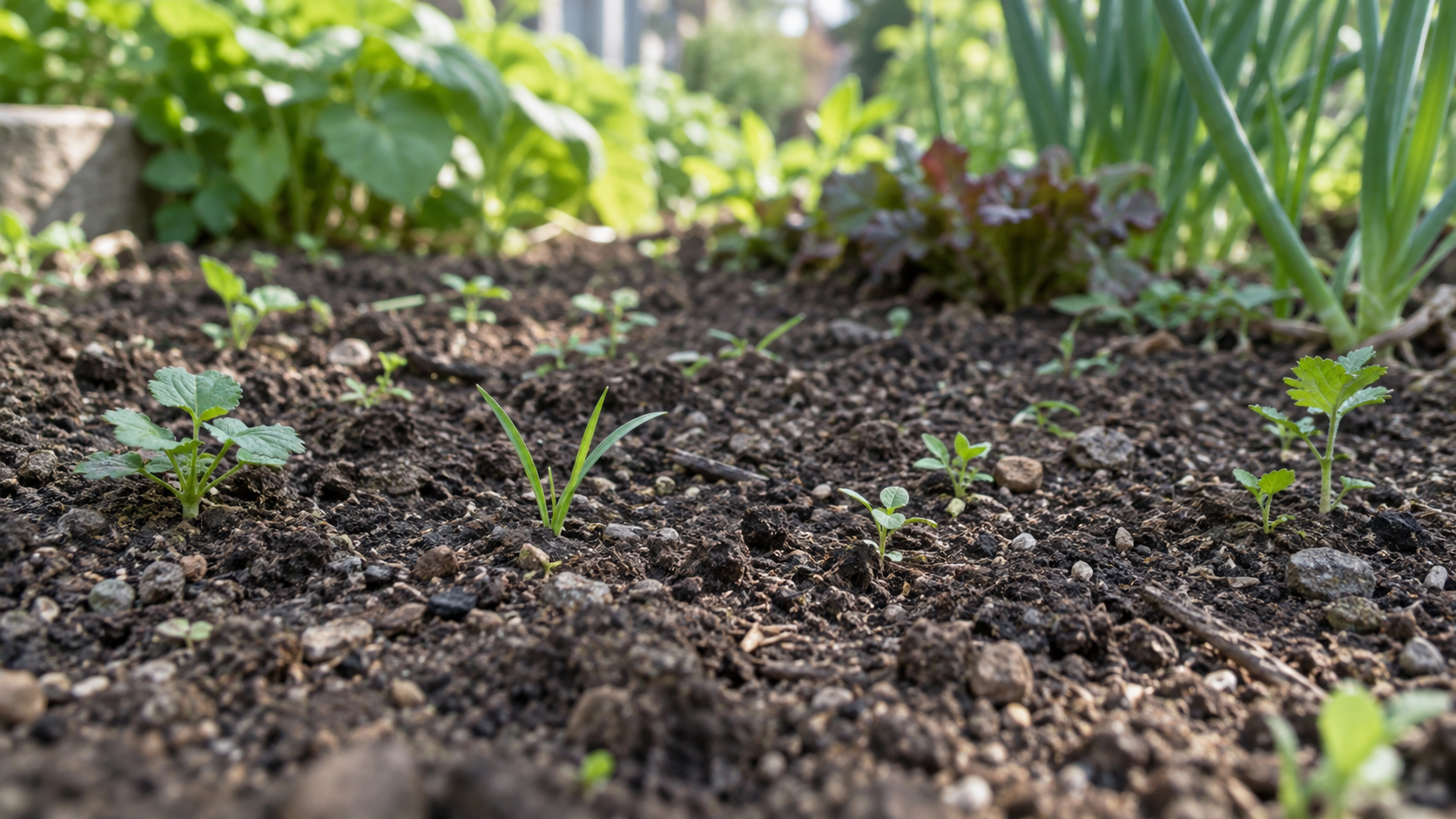 草取り後の裸地に小さな雑草の芽が出ている庭の土