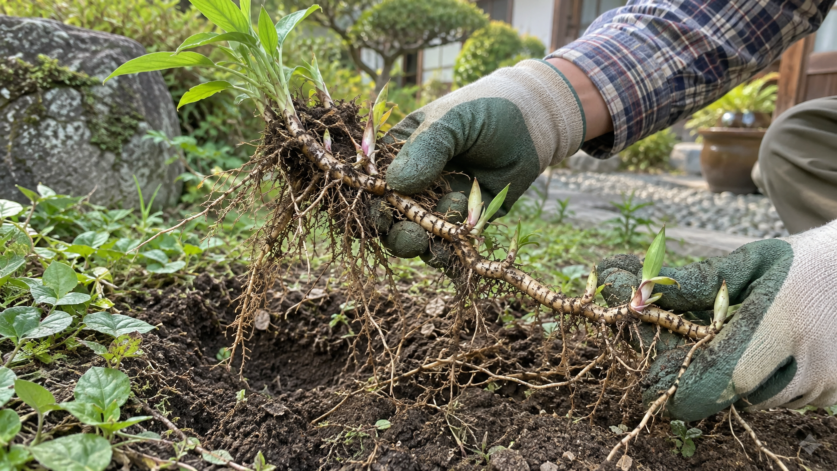 土から抜いた草の地下茎と新しい芽のつながりを確認する手元