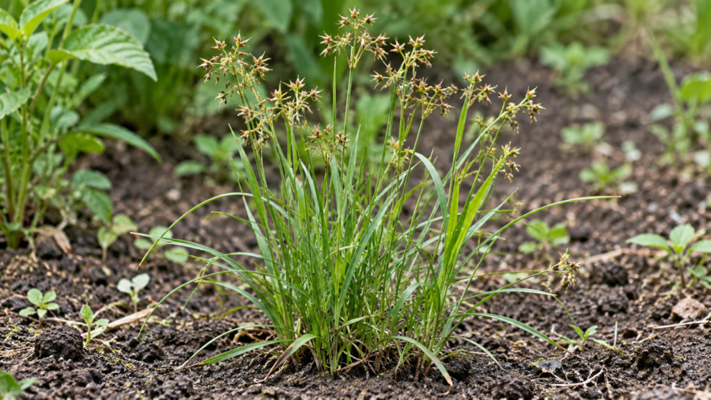 細い葉と枝分かれした穂を持つ草の説明用イメージ