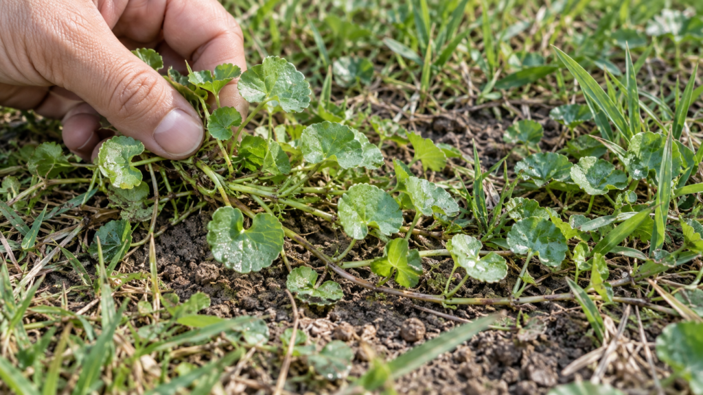 芝の間に低く広がる丸い葉の草の説明イメージ