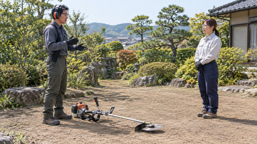 草刈機を停止した状態で作業前の意思疎通を確認する人