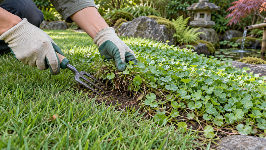 芝を残して周縁から草の茎を持ち上げる作業