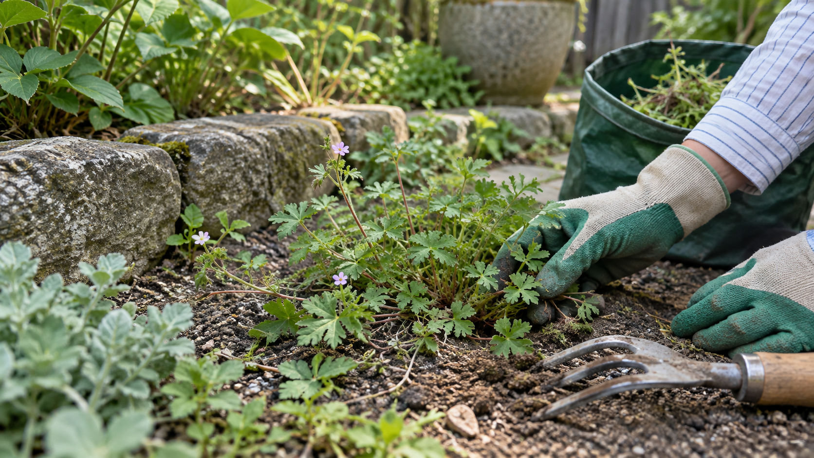 庭で雑草を手取りする準備のイメージ
