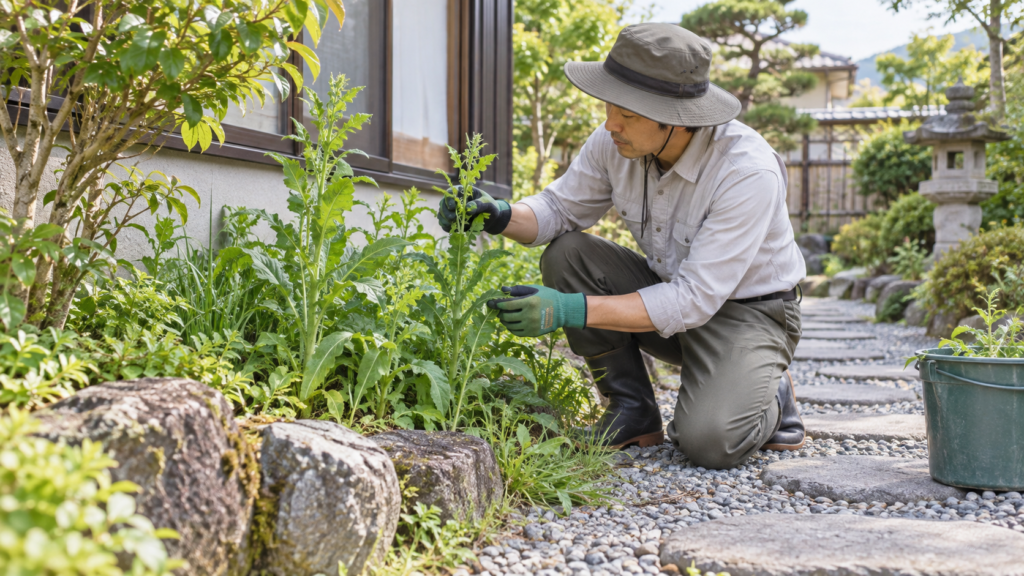 庭の通路脇に生えた雑草を確認するイメージ
