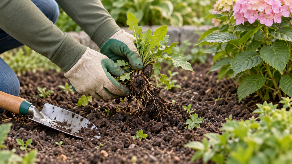 小さな雑草の根元を持って抜くイメージ