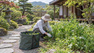 庭の雑草を抜き取り袋へ回収する作業のイメージ