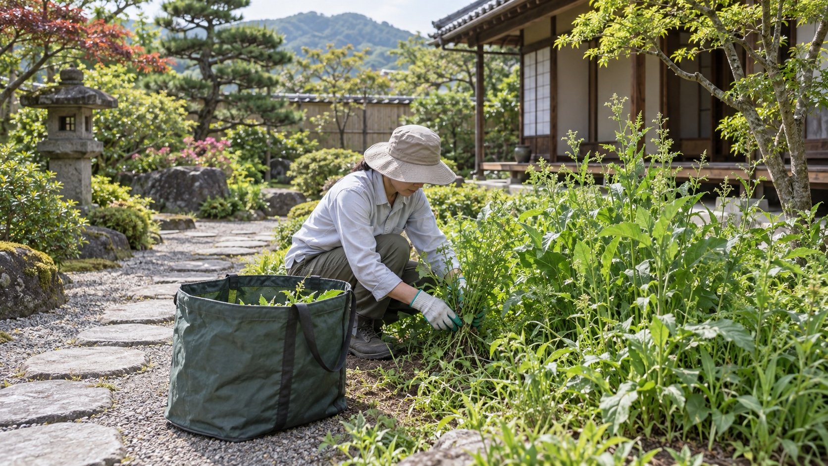 庭の雑草を抜き取り袋へ回収する作業のイメージ