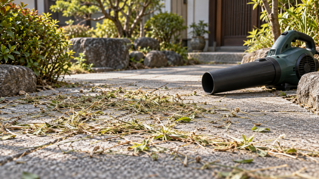 平らな通路に散った乾いた短い刈り草のイメージ