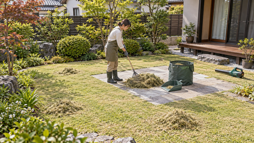 草を集める場所と回収道具を先に決めた庭のイメージ