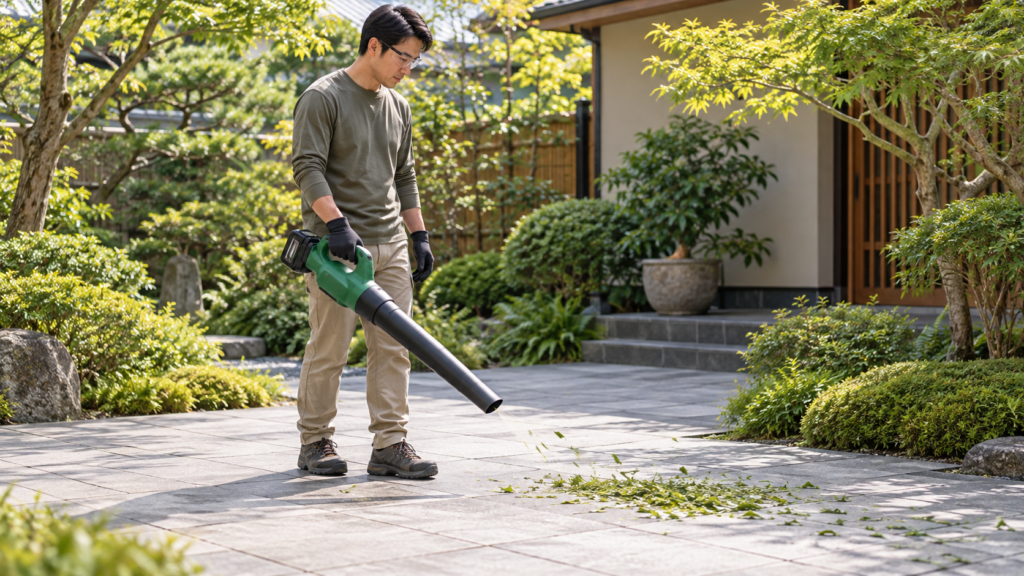 保護具を着けて狭い範囲の刈り草を低い送風で試すイメージ