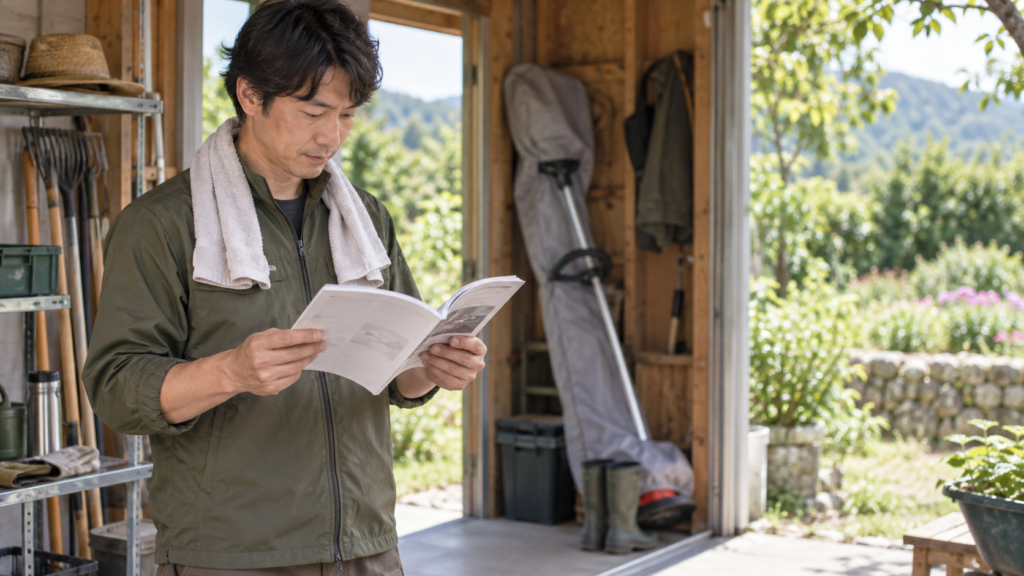草刈機の説明書を確認して交換を準備するイメージ