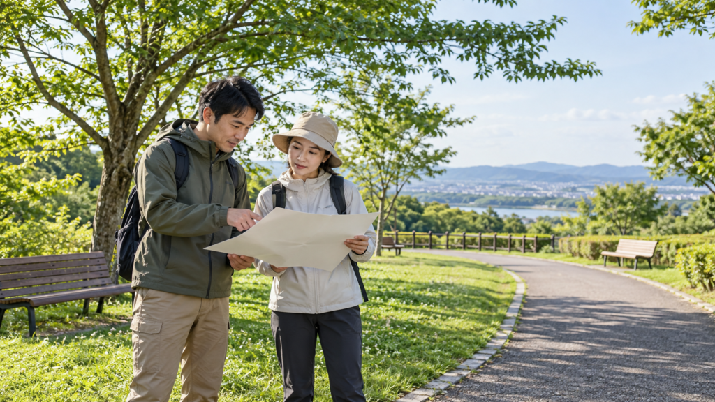 自治会の草刈りに向けて作業場所を確認するイメージ