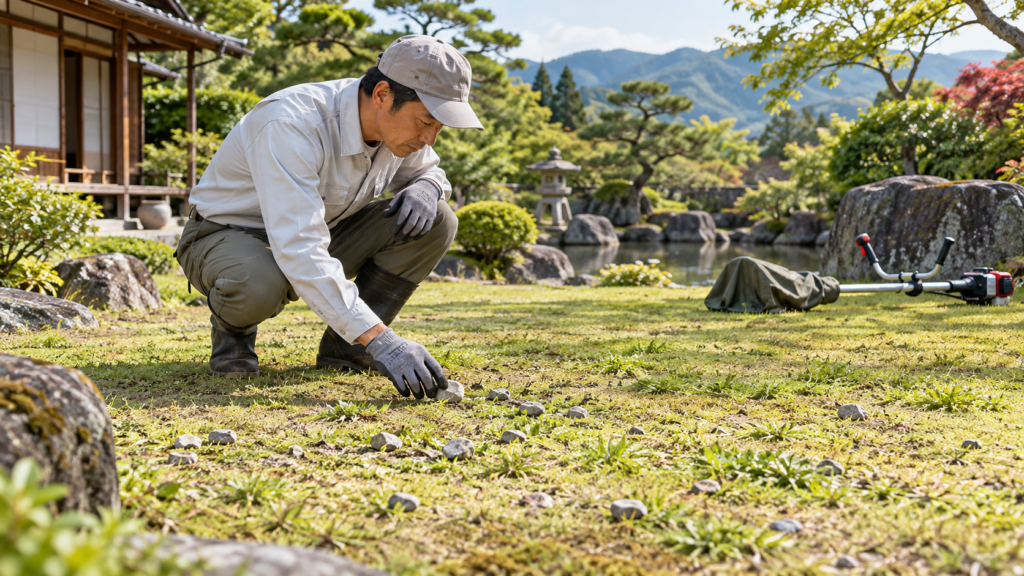 草刈り前に作業場所の石や障害物を確認するイメージ