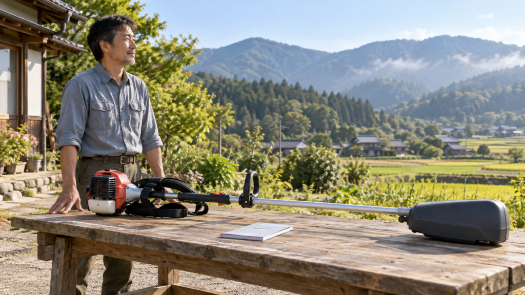 停止した草刈機と説明書を運搬前にそろえたイメージ