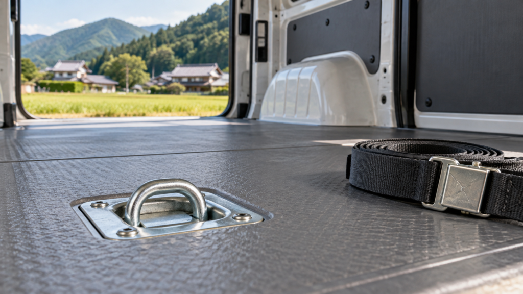 車の荷室にある荷物固定用の金具を確認するイメージ