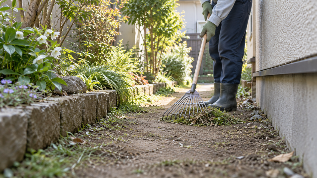庭の通路の草を整え刈り草を片づけるイメージ