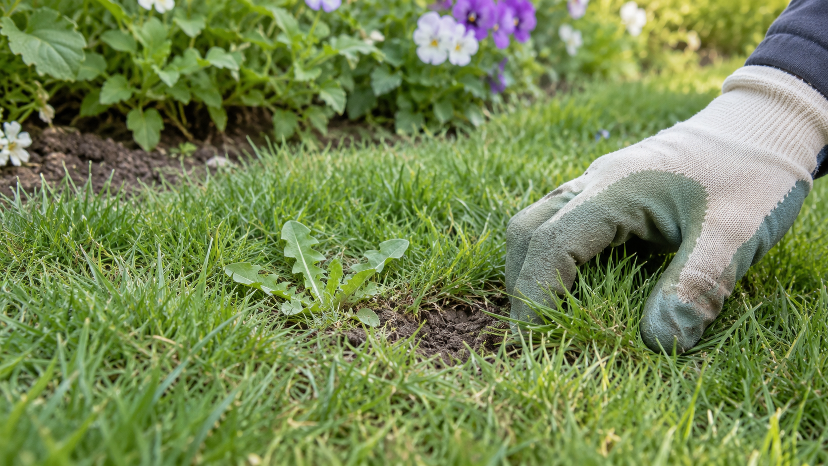 芝をよけて小さなタンポポと抜いた跡を点検するイメージ