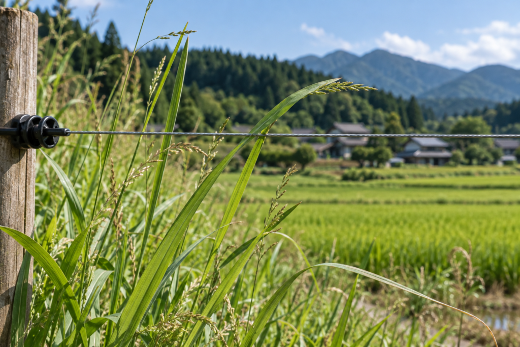 細い柵線に伸びた草が近づいている状態のイメージ