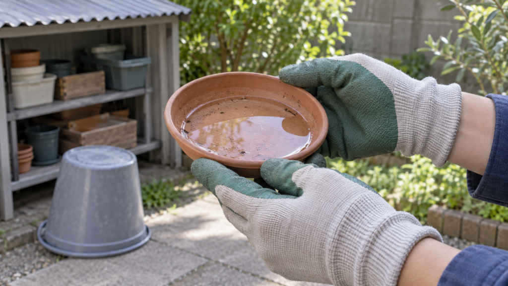 鉢の受け皿に残った水を確認して片づけるイメージ