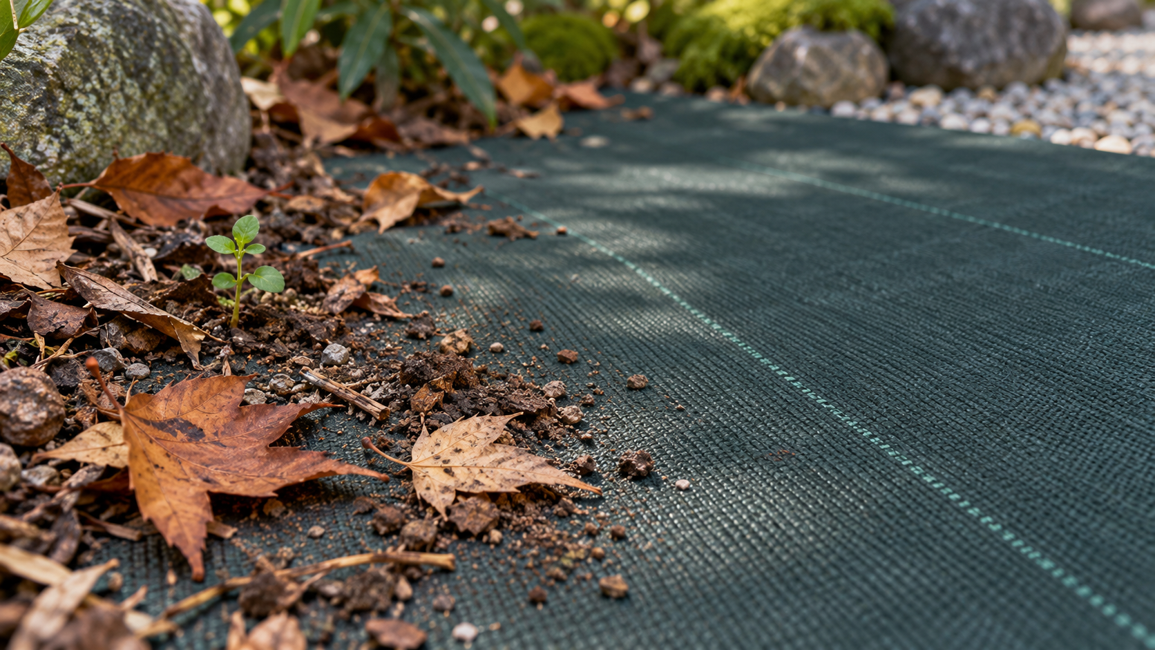 露出した防草シートの上にたまった落ち葉と土のイメージ