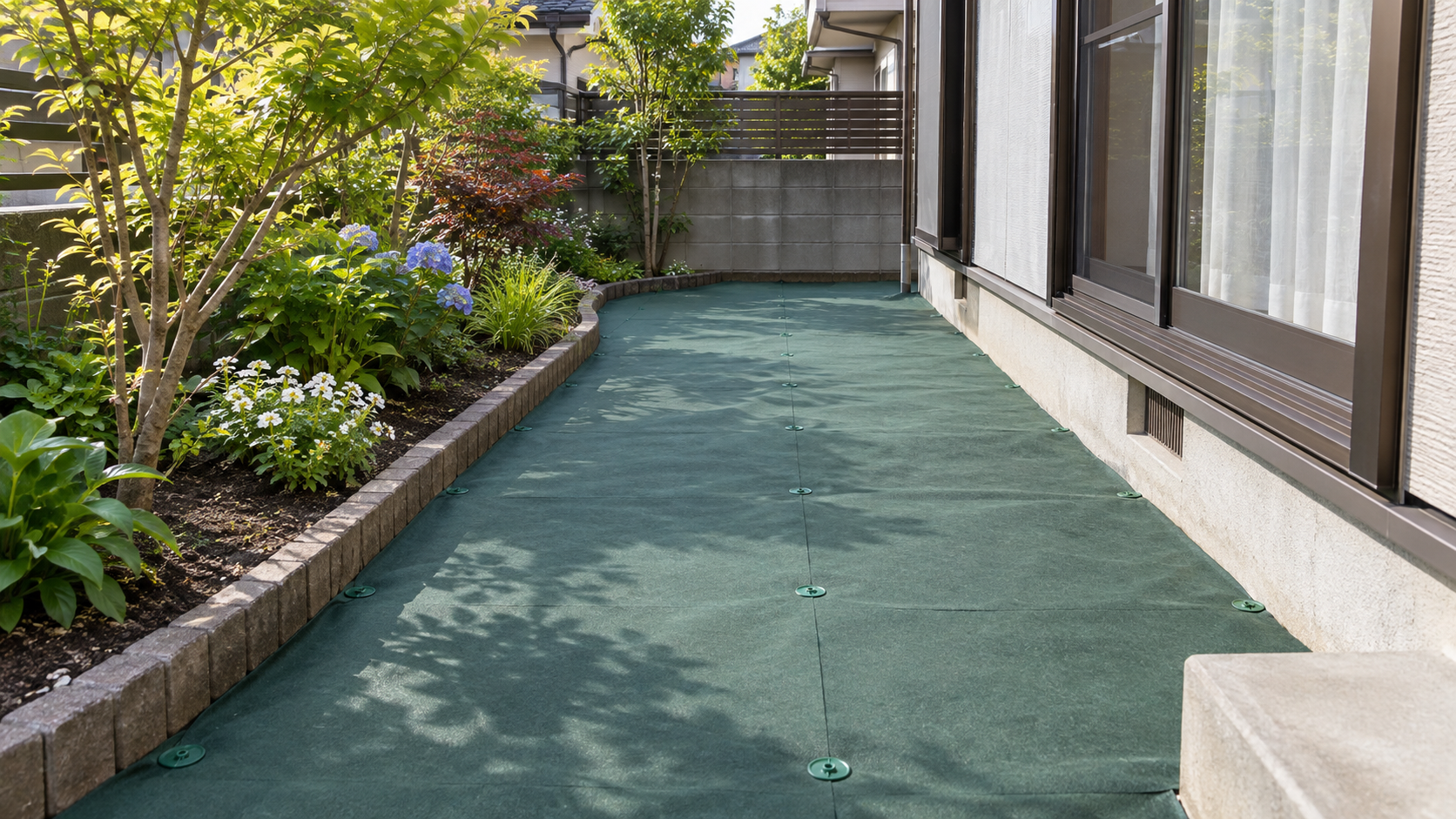 砂利を載せず防草シートで覆った建物脇の庭