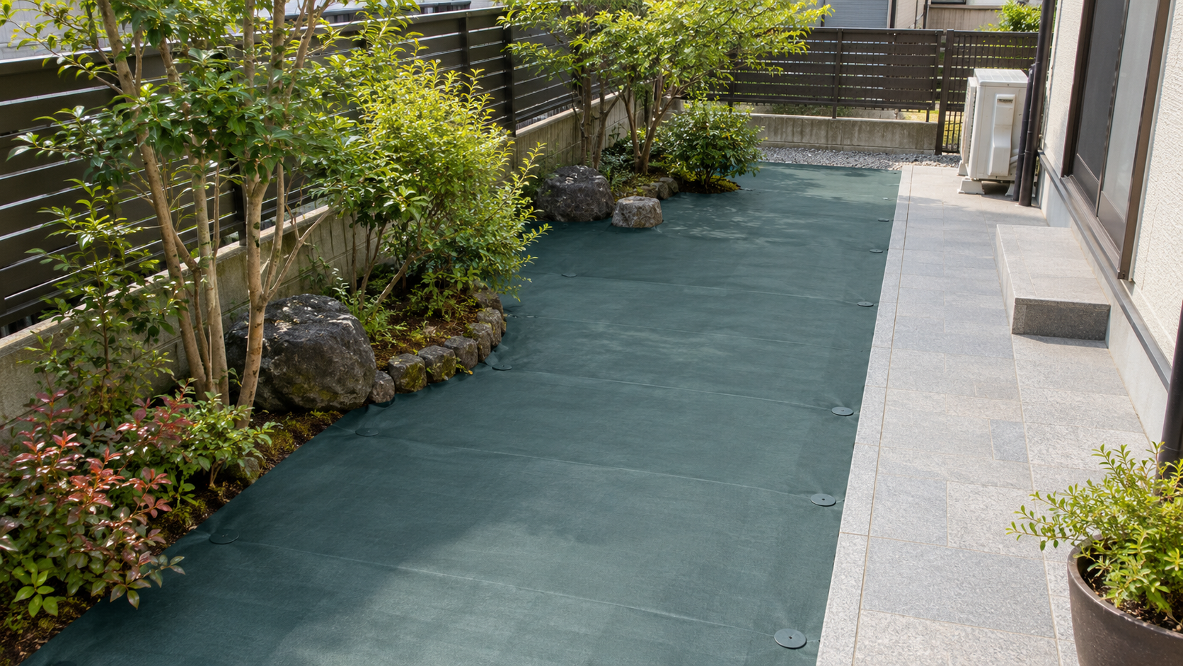 防草シートを露出使用した庭と隣の舗装通路のイメージ