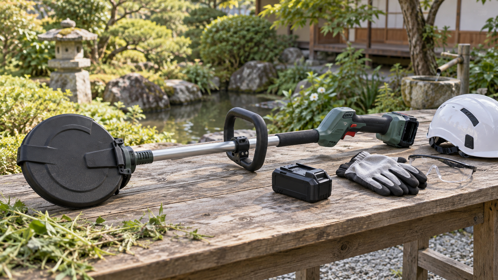 停止した草刈機と取り外したバッテリ、保護具を並べた安全準備のイメージ