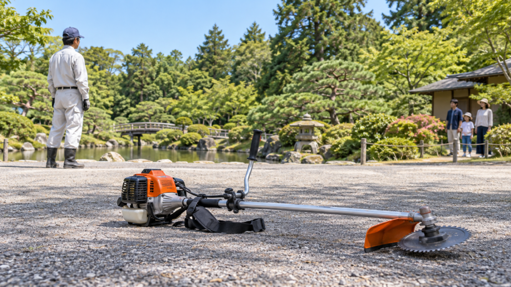 停止中の草刈機と離れた位置で待機する作業者