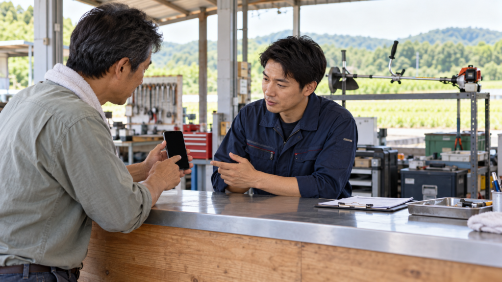 販売店で草刈機の状態について相談するイメージ