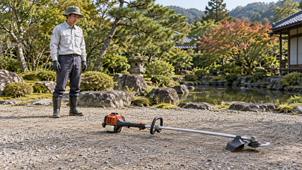草刈機を停止し人を離して確認する屋外の作業場所