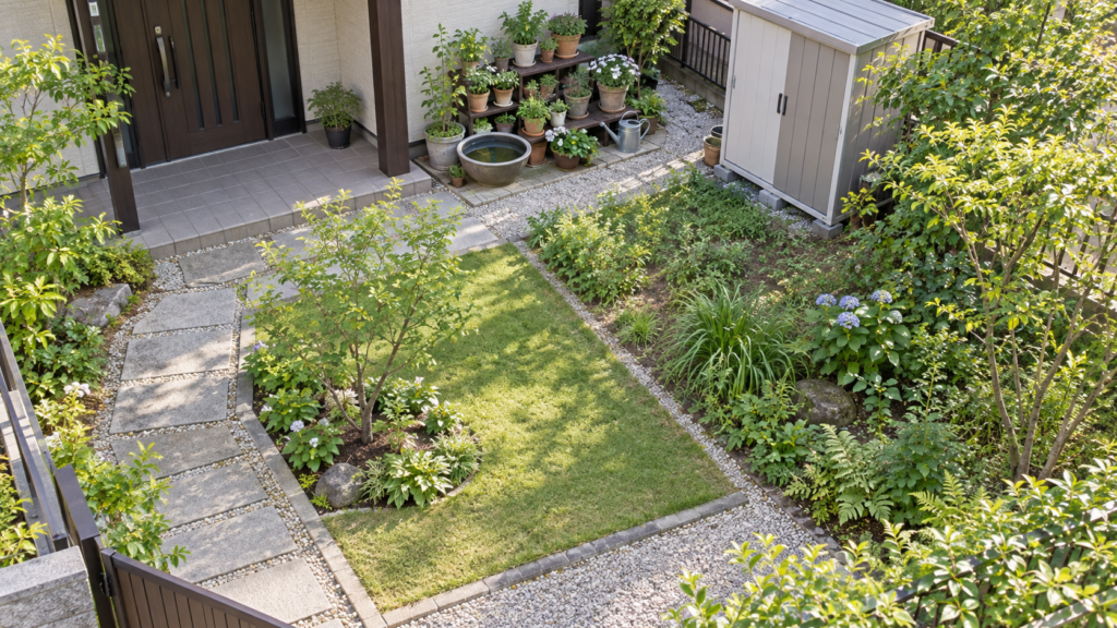 鉢置き場と物置へ歩いて点検できる庭の通路のイメージ