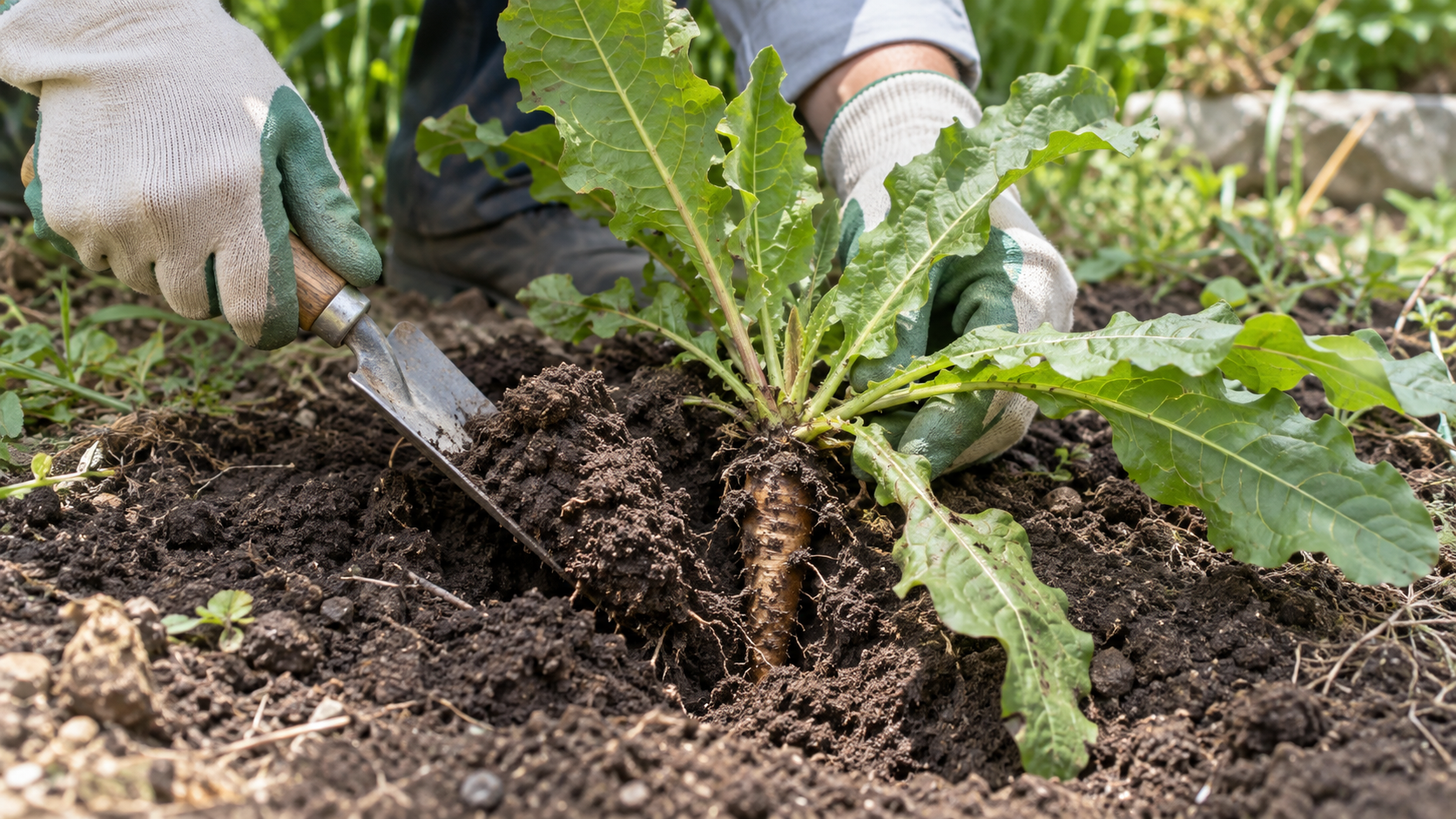 手袋を着けて移植ごてで株の周囲の土をゆるめる生成イメージ