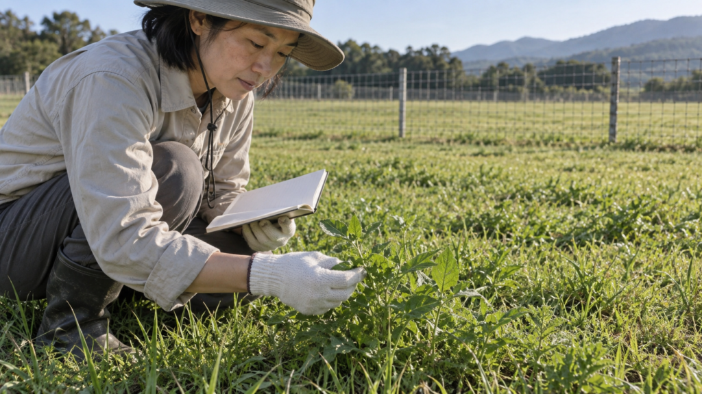 ヤギを入れる前に植物を確認するイメージ