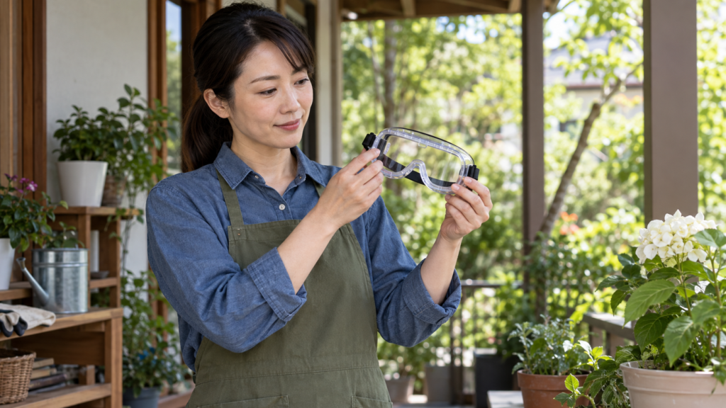 作業を止めて日陰でゴーグルを点検する様子