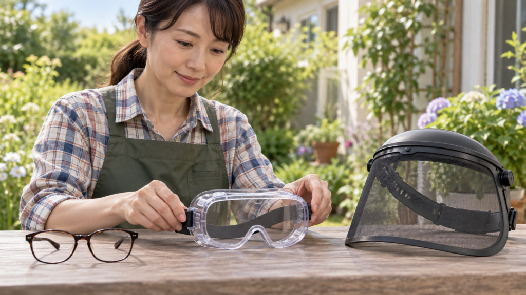 通常の眼鏡と保護ゴーグルとメッシュ面を並べた比較