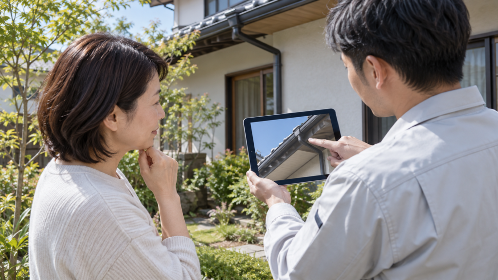 地上で住宅の軒先写真を確認する相談イメージ