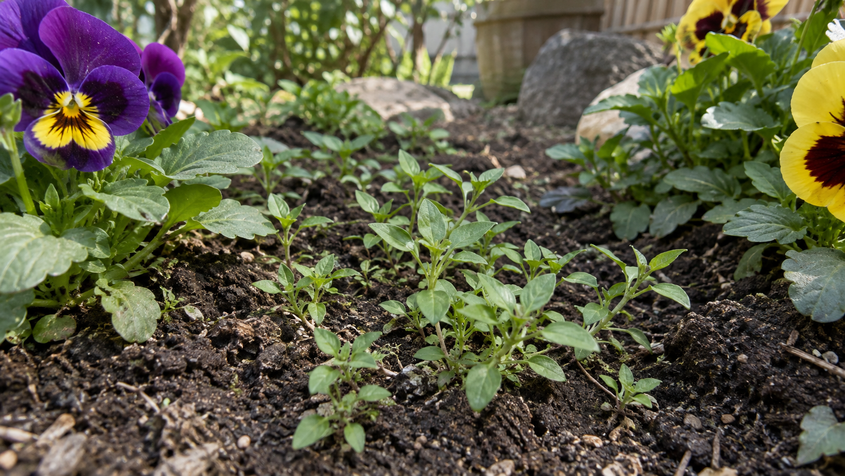 花壇の植栽の間に生えた小さな草のイメージ