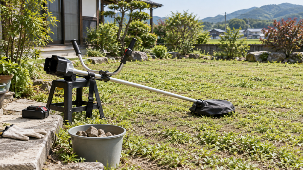 平らで開けた庭と停止状態のUハンドル草刈機