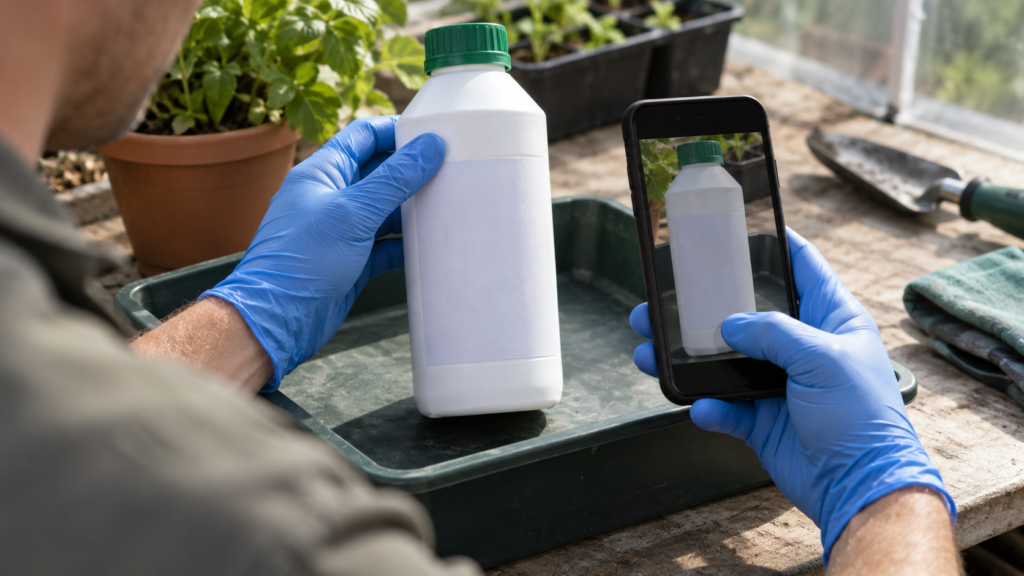 除草剤の原容器のラベルを開封せず確認する手元