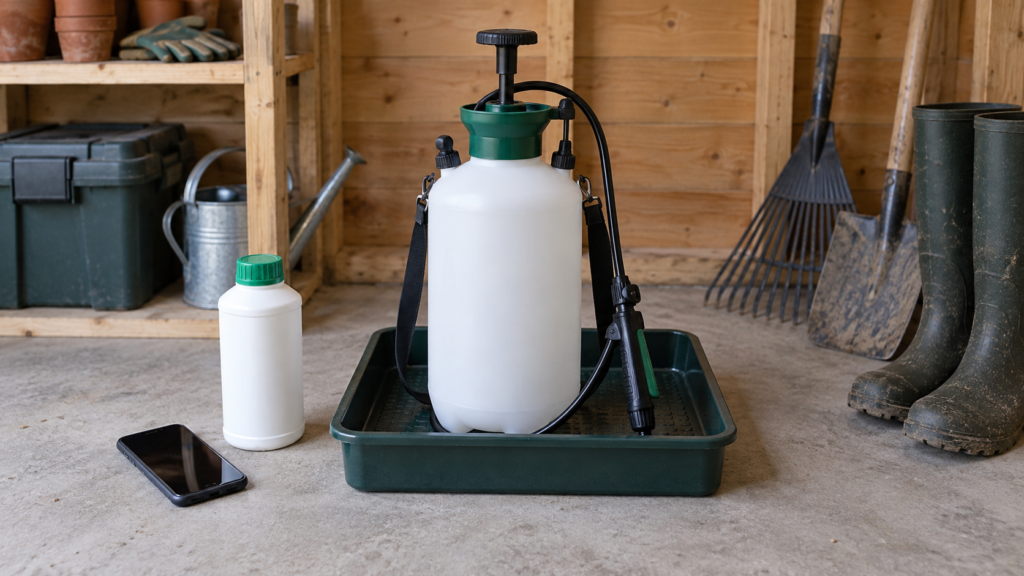 薬液を排水しない状態で置かれた閉じた園芸用噴霧器