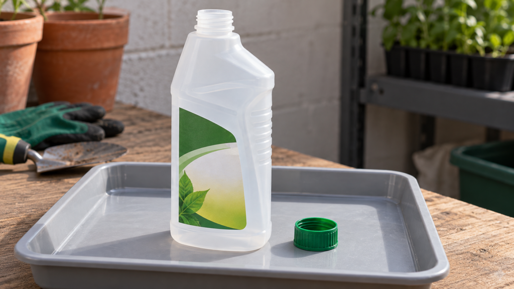 中身が空の薬剤用プラスチックボトルと外したキャップ