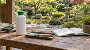 閉じた除草剤容器と乾いた刷毛を説明書と並べた確認準備のイメージ