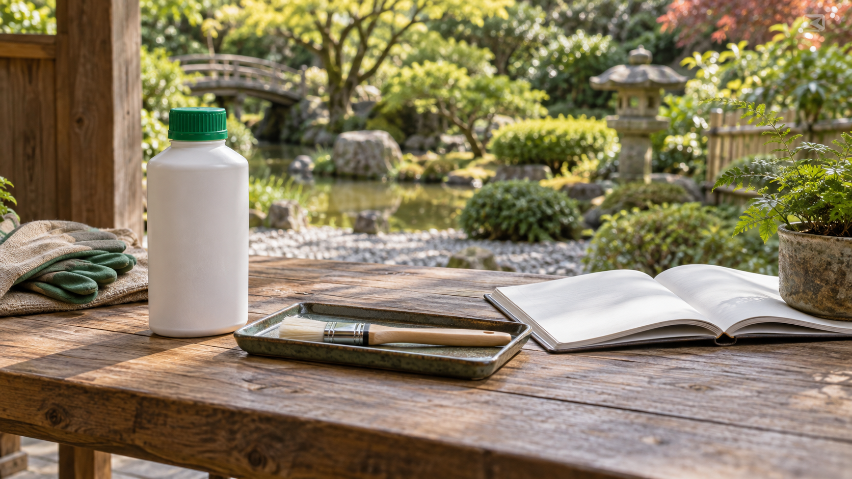 閉じた除草剤容器と乾いた刷毛を説明書と並べた確認準備のイメージ