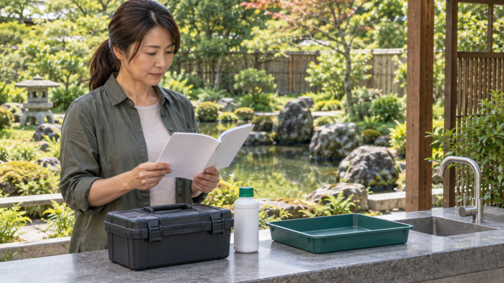 用具の片付けと保管方法を説明書で確認するイメージ