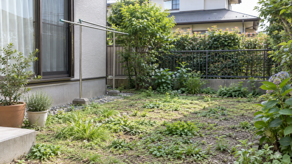 散布前に見渡す庭の雑草と境界付近の植栽