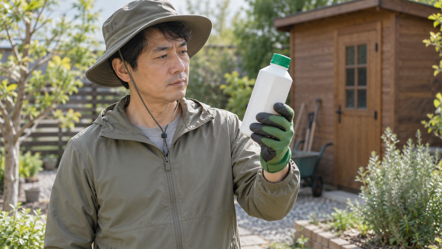 庭の作業前に除草剤の容器を外側から確認するイメージ